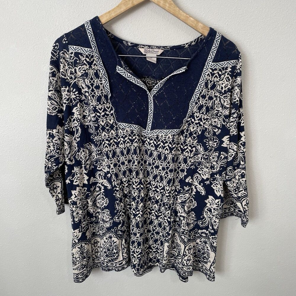 Lucky Brand Womens 2X Artsy Boho V Neck Top Blue 3/4 Sleeve Lace Shirt Flowy